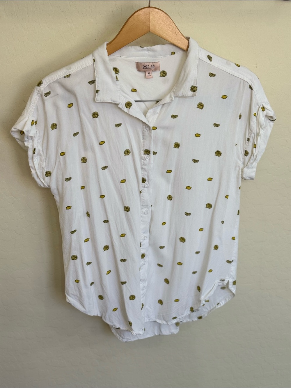 Per Se Lemon Print Button Down Short Sleeve Blouse Medium Summer Preppy